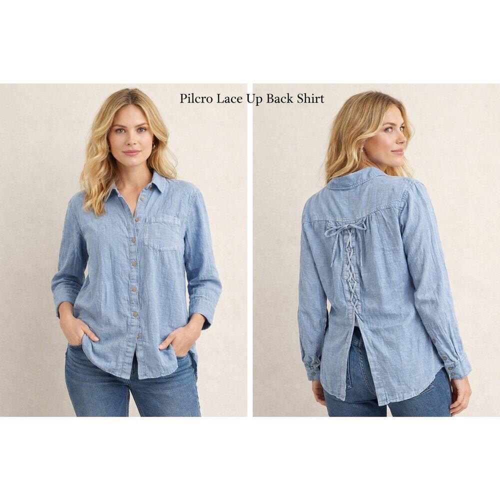 Anthropologie Pilcro Large Blue Chambray Lace-Up Tie Back Top Blouse Tunic Boho